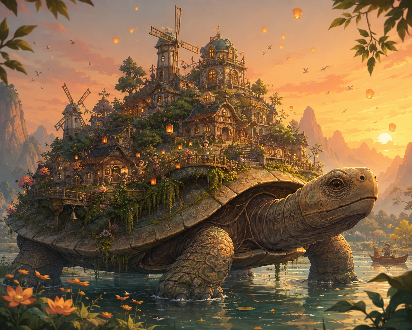 Uralte Schildkröte trägt ein winziges verzaubertes Dorf im Sonnenuntergang