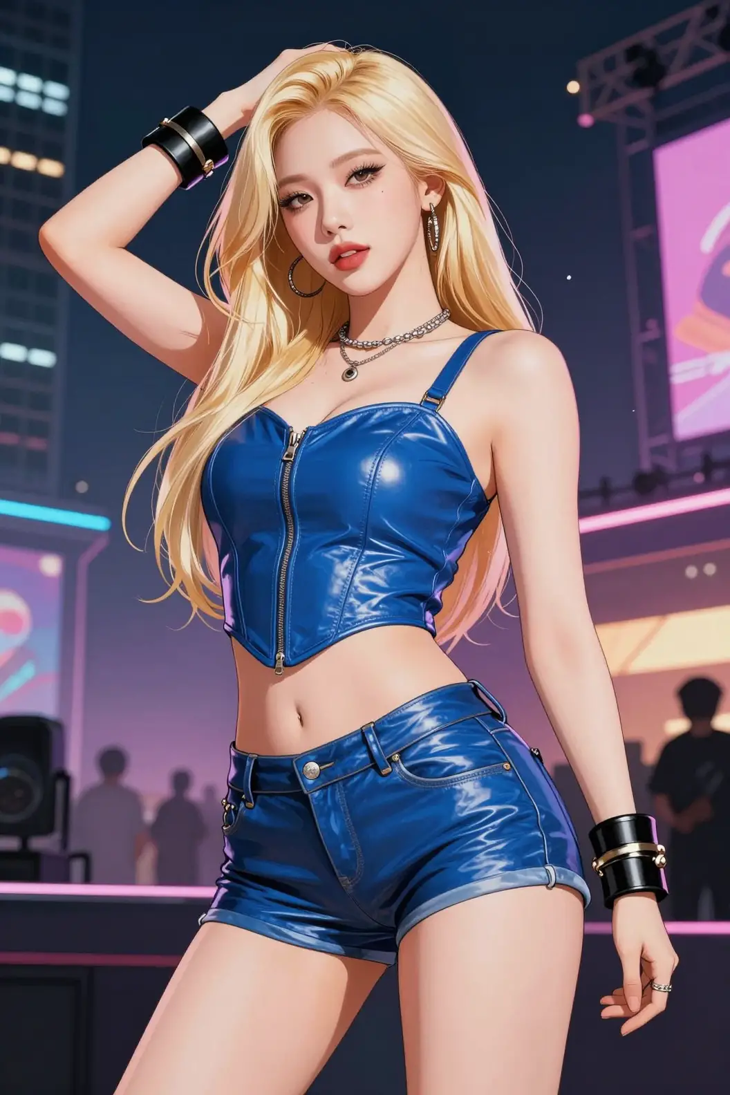 Blonde Koreanerin in blauem Lederoutfit auf der Bühne