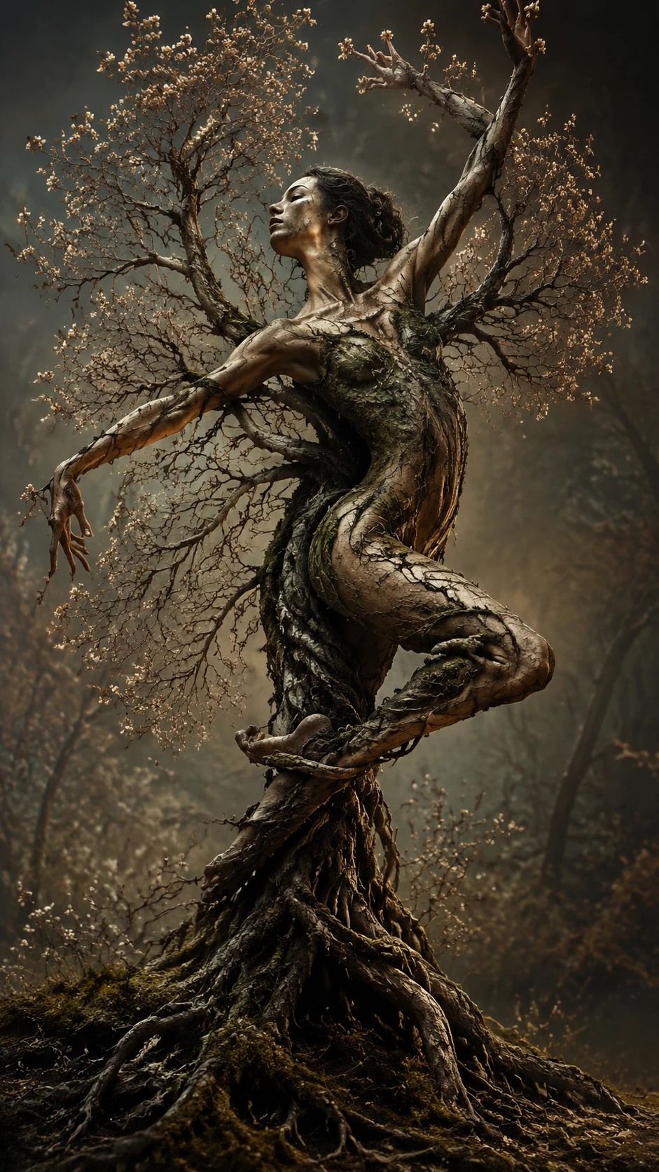 Bailarina surreal fundida com uma árvore ancestral ao entardecer da floresta
