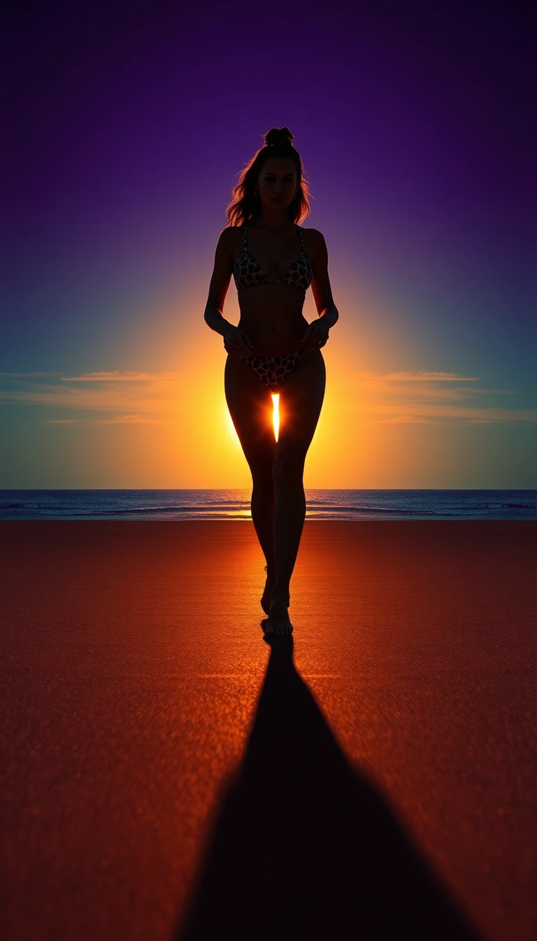 Mulher em silhueta caminhando na praia refletiva ao pôr do sol