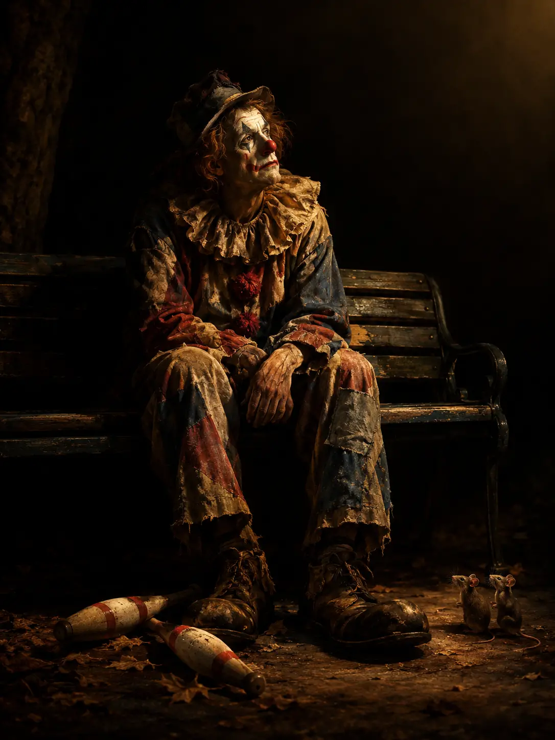 Lonely clown on a park bench under dramatic chiaroscuro light