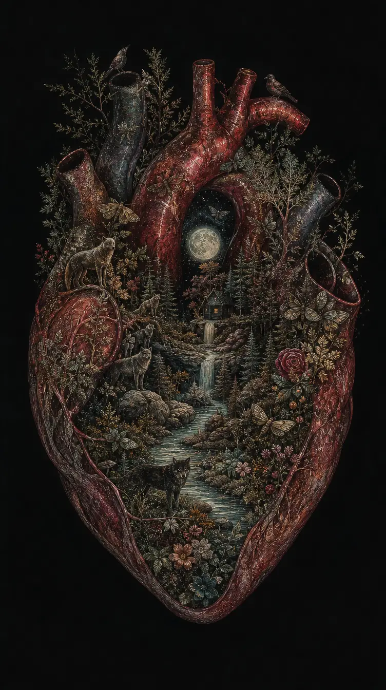Anatomical heart floating in darkness with inner wilderness