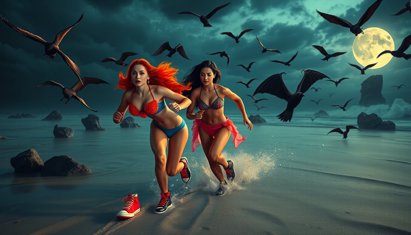Deux femmes en fuite sur une plage surréaliste de dark fantasy