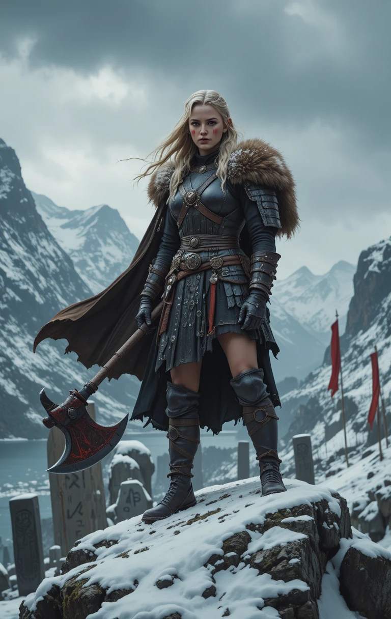 Feroz guerreira viking no topo de uma montanha nevada