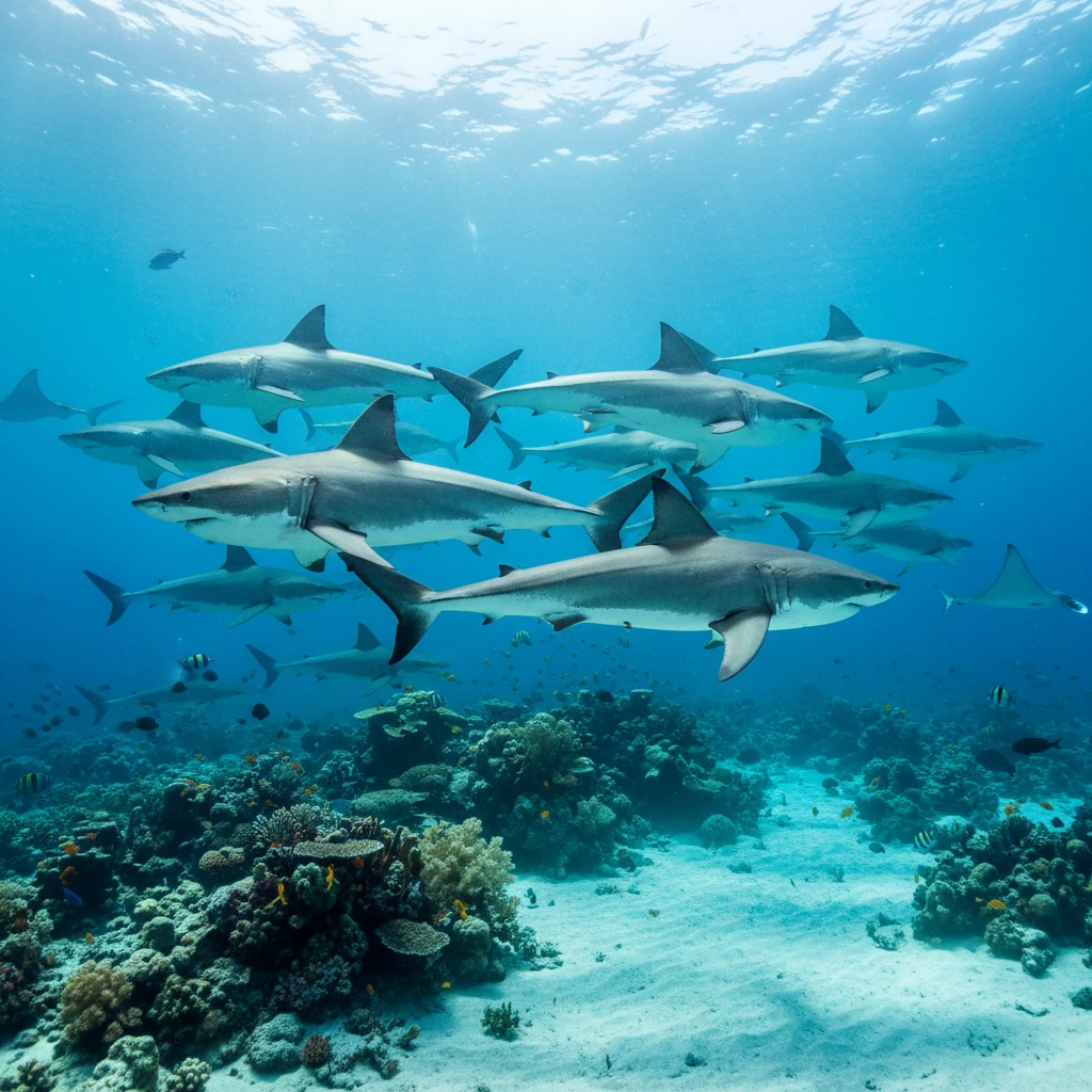 Great white sharks swimming above a bright coral reef