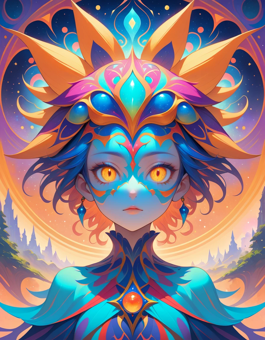 Cosmic jester portrait with kaleidoscope mask and fractal aura