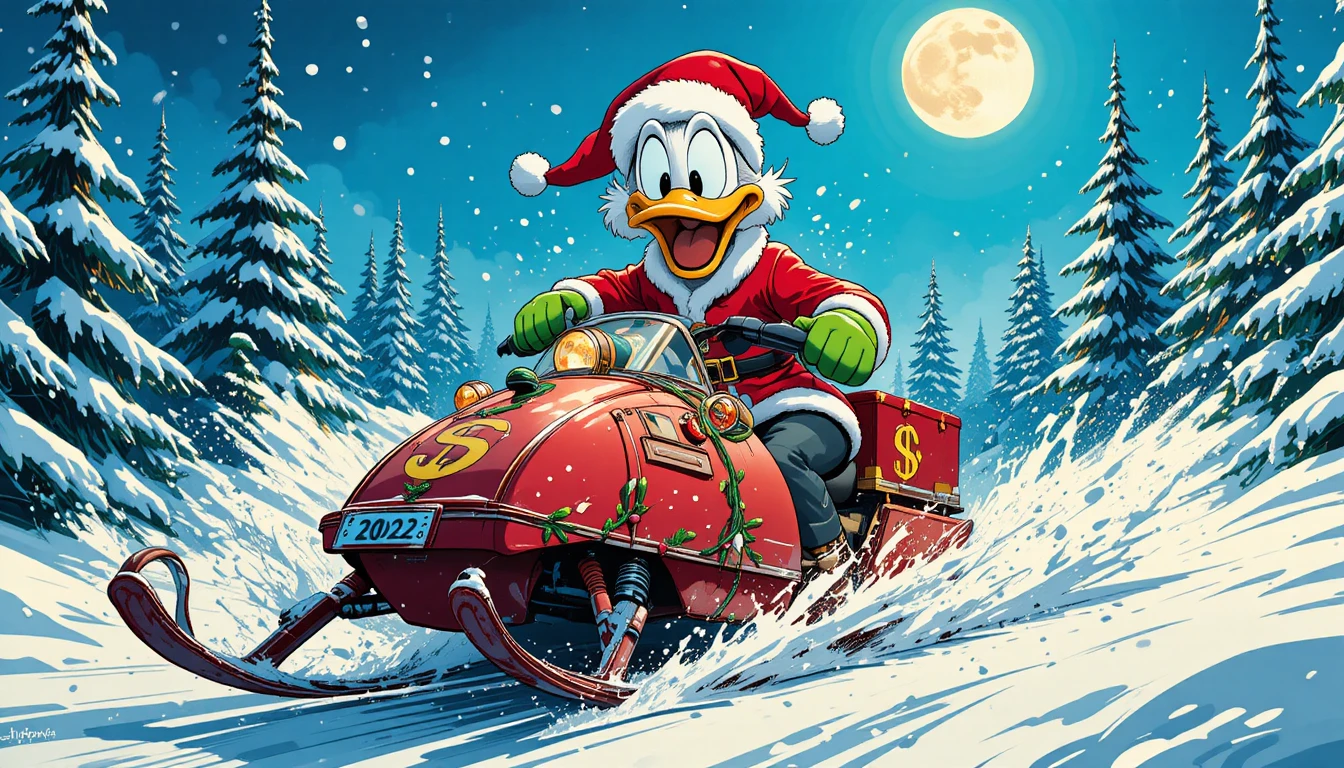Cartoon-Ente als Weihnachtsmann rast mit Schneemobil durch den Winter