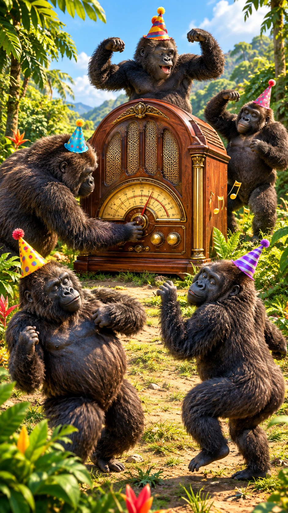 Gorillas tanzen um ein Vintage-Radio im Dschungel