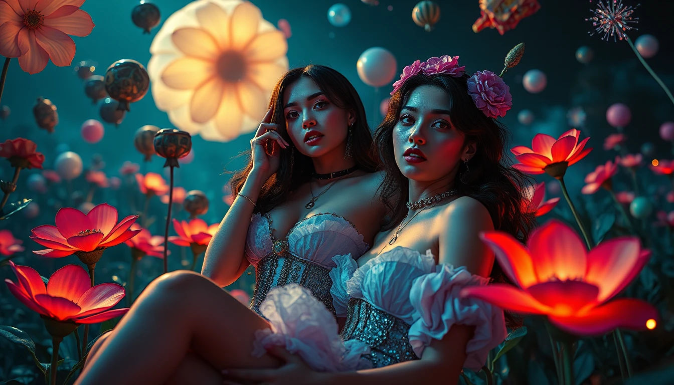 Duas mulheres em uma paisagem noturna surreal com objetos flutuantes