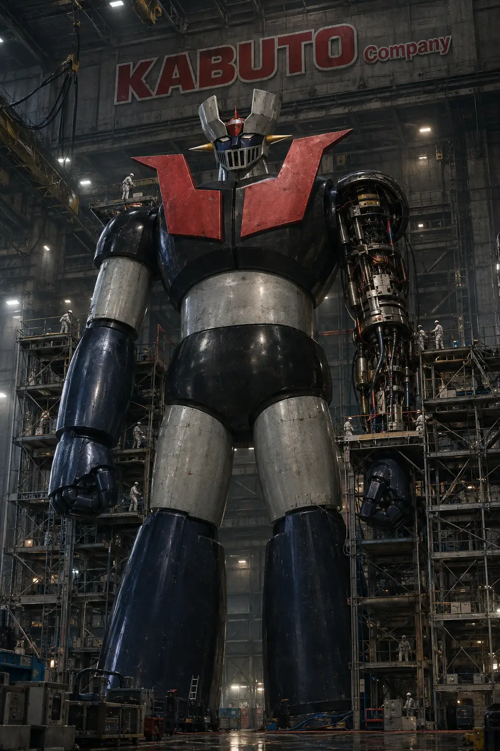 Gigante robô de manutenção em pé dentro de um hangar industrial