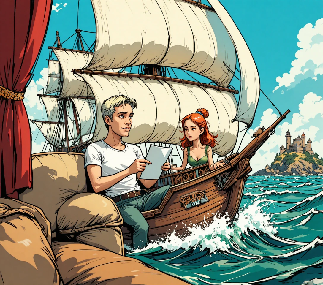 Pareja preocupada en el sofá en una sala de estar tenue de estilo cómic