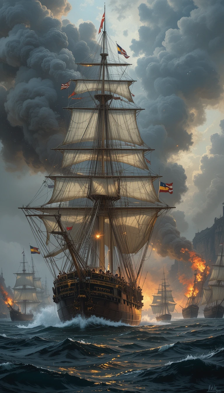 Drammatica battaglia navale con navi britanniche vicino a Capo Trafalgar