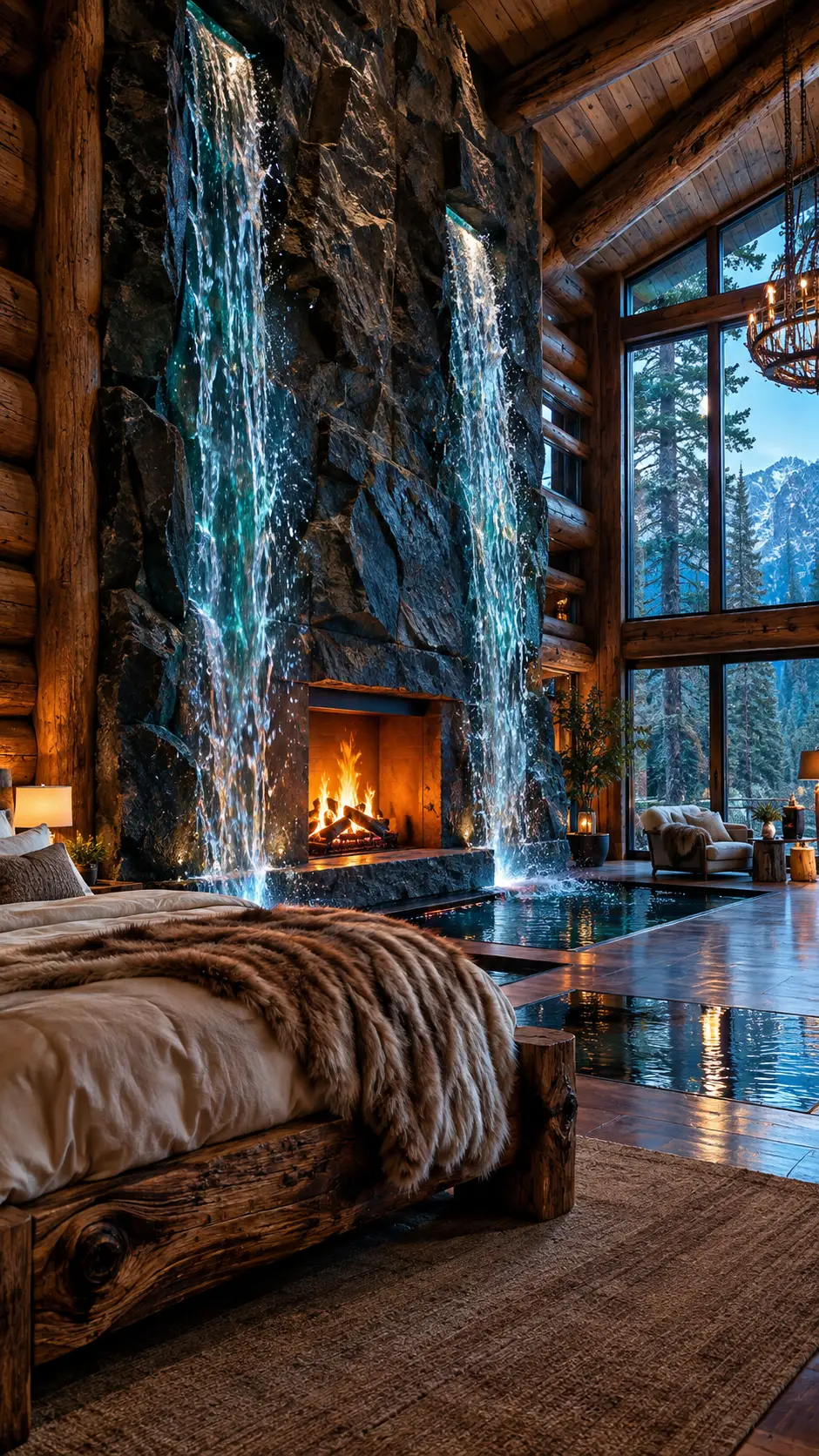 Chambre de luxe cinématographique avec cheminée en pierre et cascades