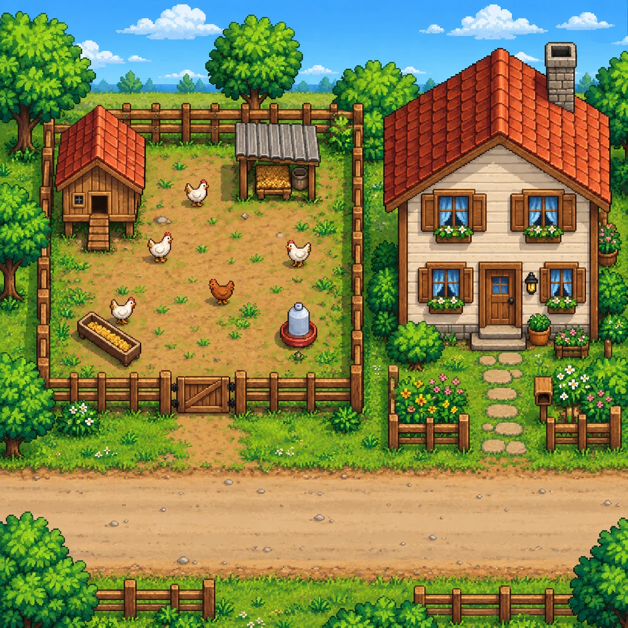 Arte em pixel vista de cima de uma pequena granja de galinhas