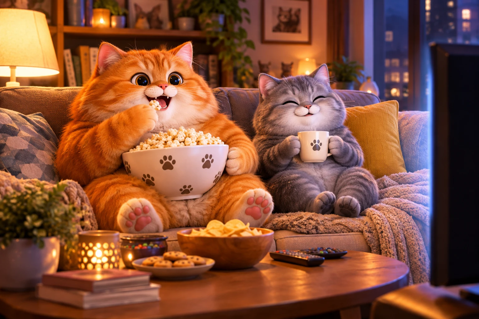 Dois gatos 3D relaxando em um sofá aconchegante assistindo TV