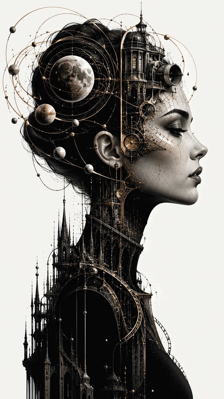 Perfil surreal de uma mulher dividido com arquitetura cósmica