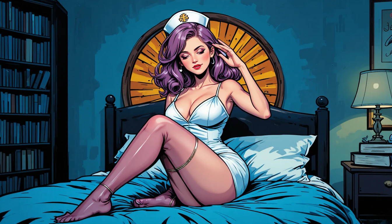 Mulher dormindo em um quarto azul escuro com luz suave