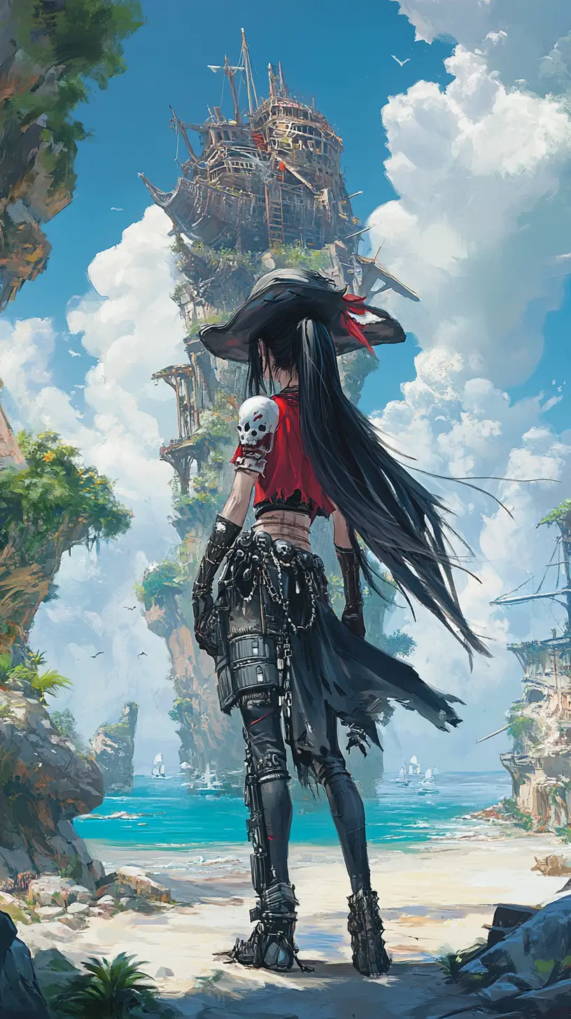 Girl with black saber on a tropical shipwreck island