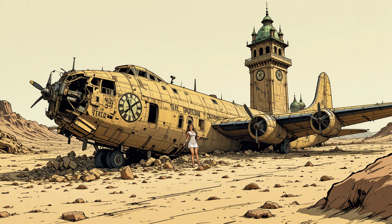 Bombardeiro caído no deserto com arte pin‑up nostálgica de enfermeira