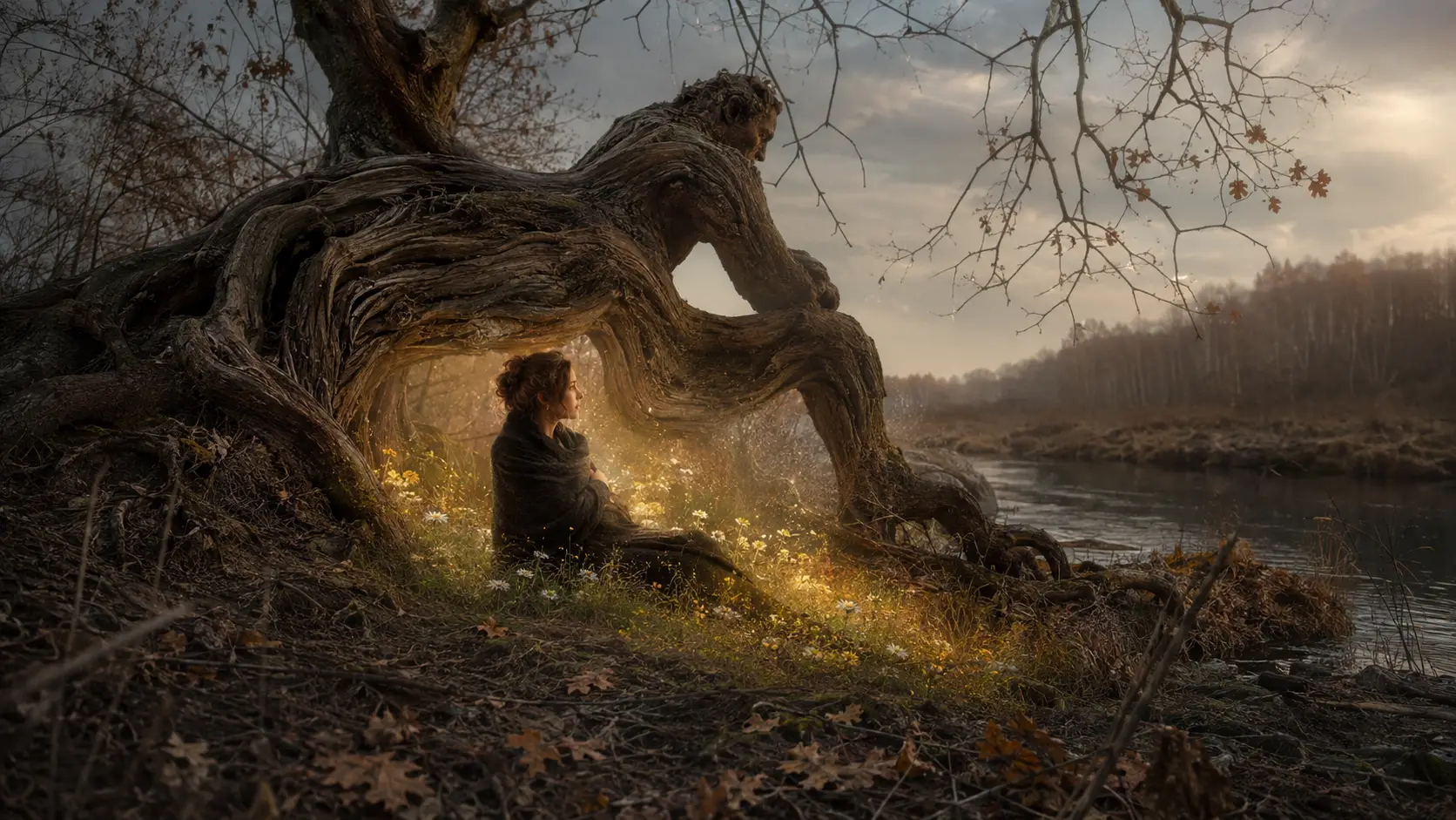 Femme sous un arbre tombé entre l’automne et l’été