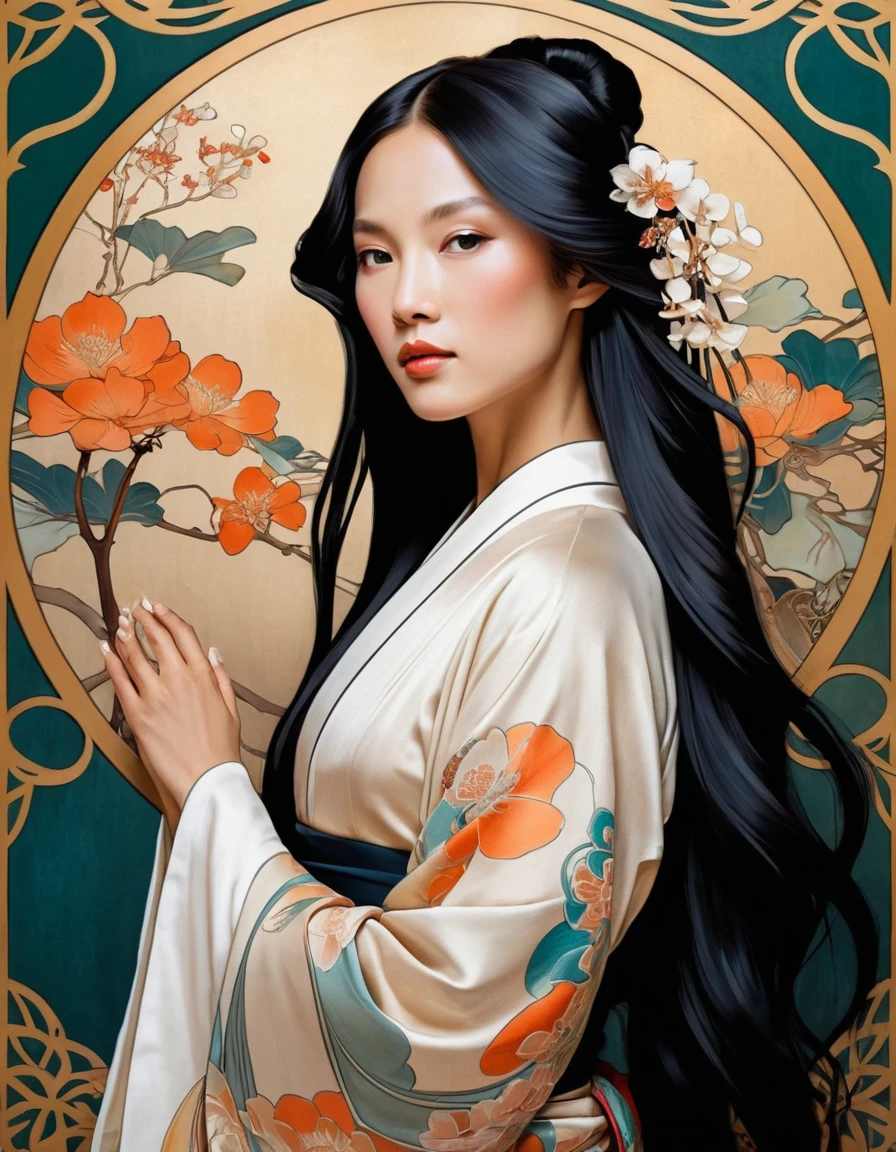 Mulher asiática graciosa de quimono com fundo art nouveau