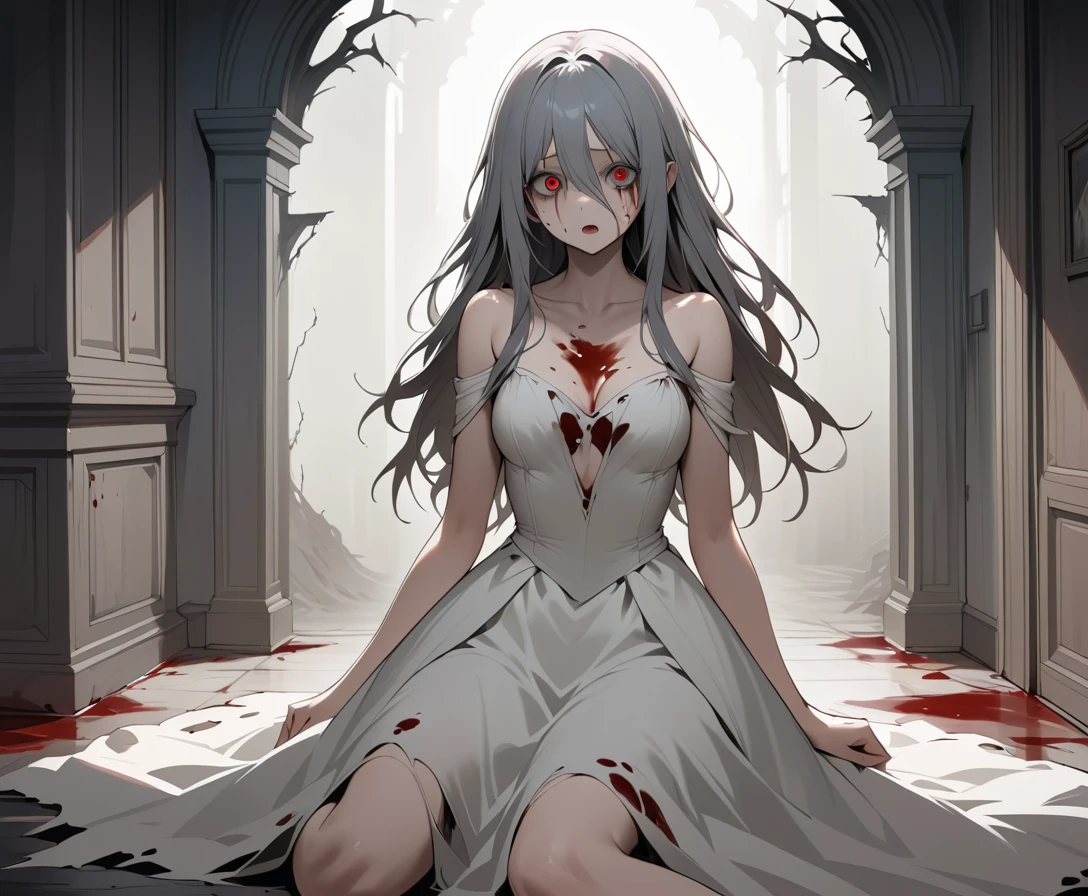 Blood soaked bride emerging from shadows in mansion