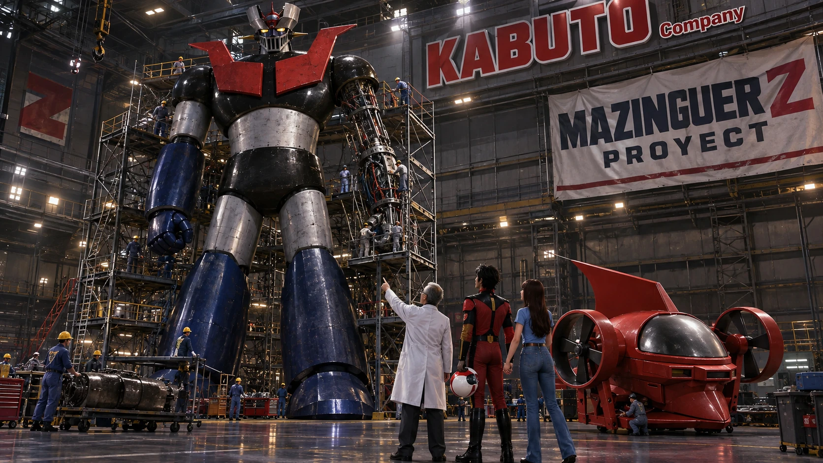 Riesiger Roboter in Wartung in einem riesigen Industriehangar