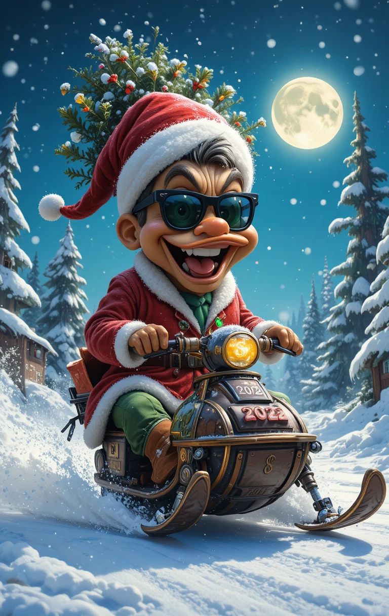 Pato alegre conduciendo una moto de nieve navideña por el bosque nevado