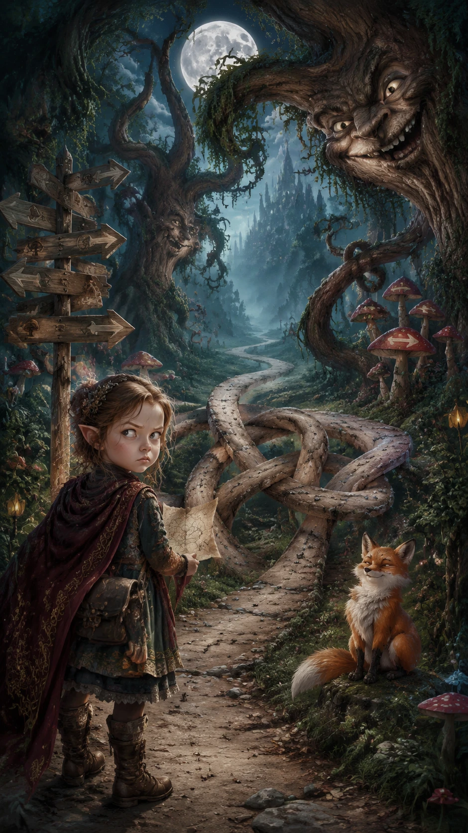 Petite voyageuse fée sur un sentier de forêt enchantée