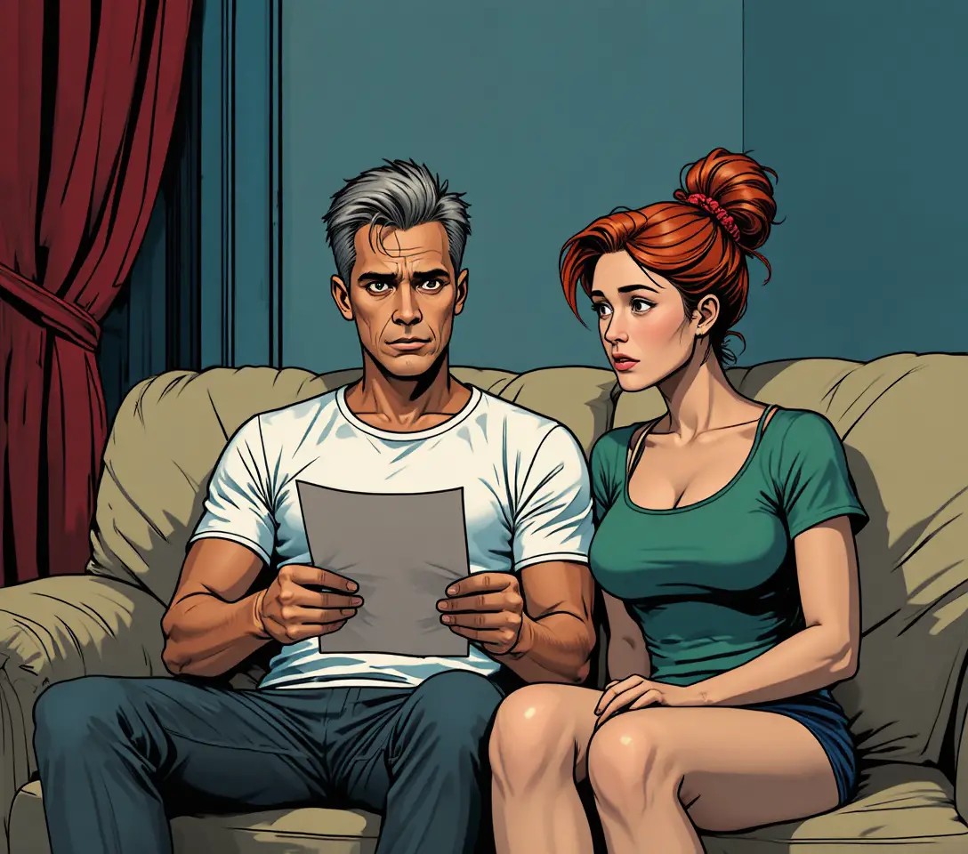 Besorgtes Paar auf einem Sofa in einem düsteren Wohnzimmer im Comic-Stil
