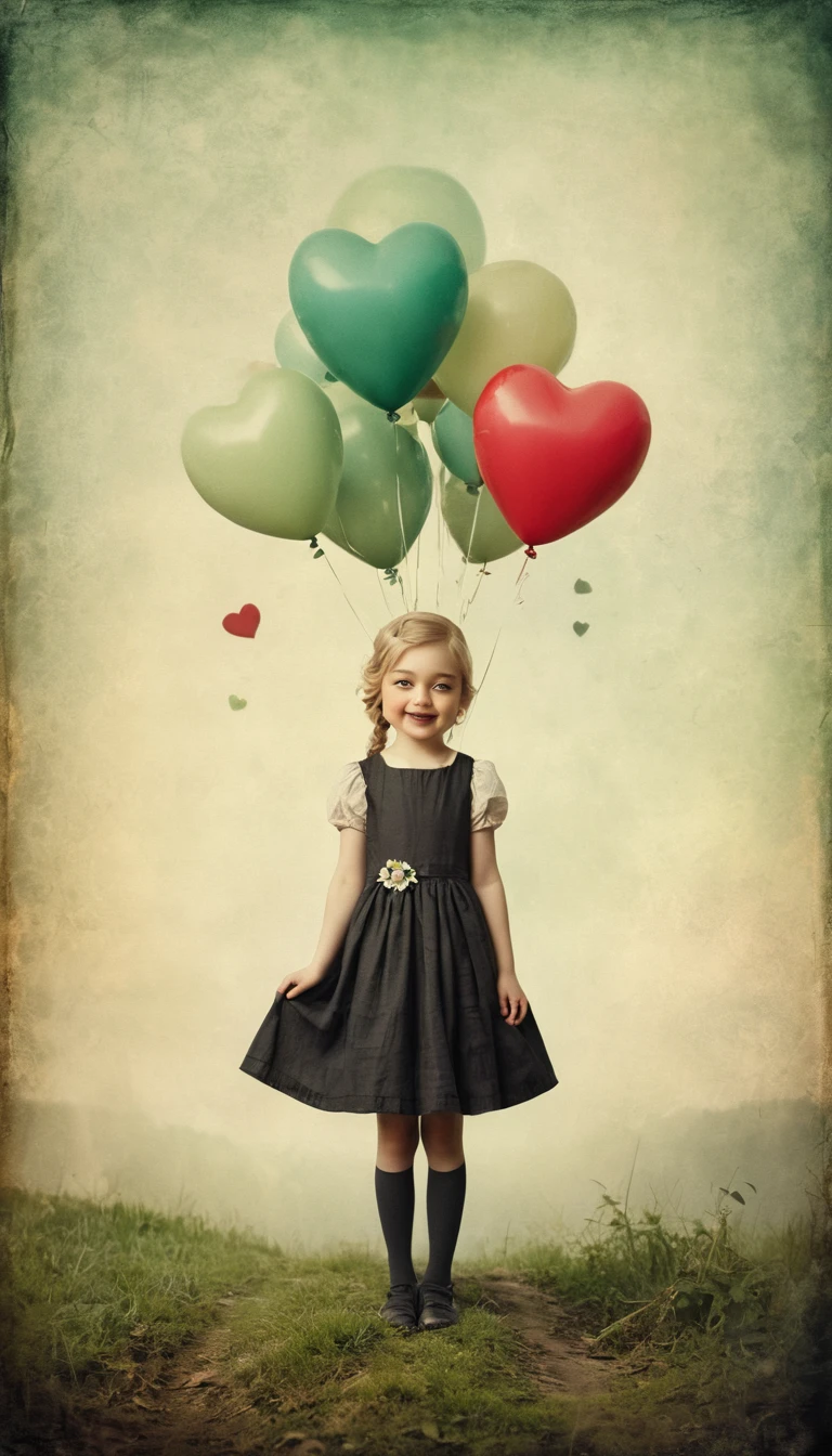 Menina palito alegre com balão de globo e coração ilustrado