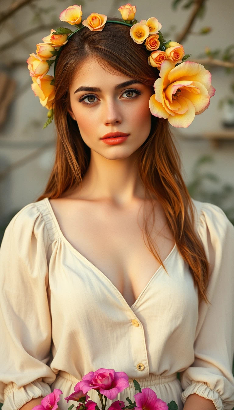 Retrato sensual de jovem mulher de chapéu de palha com flor