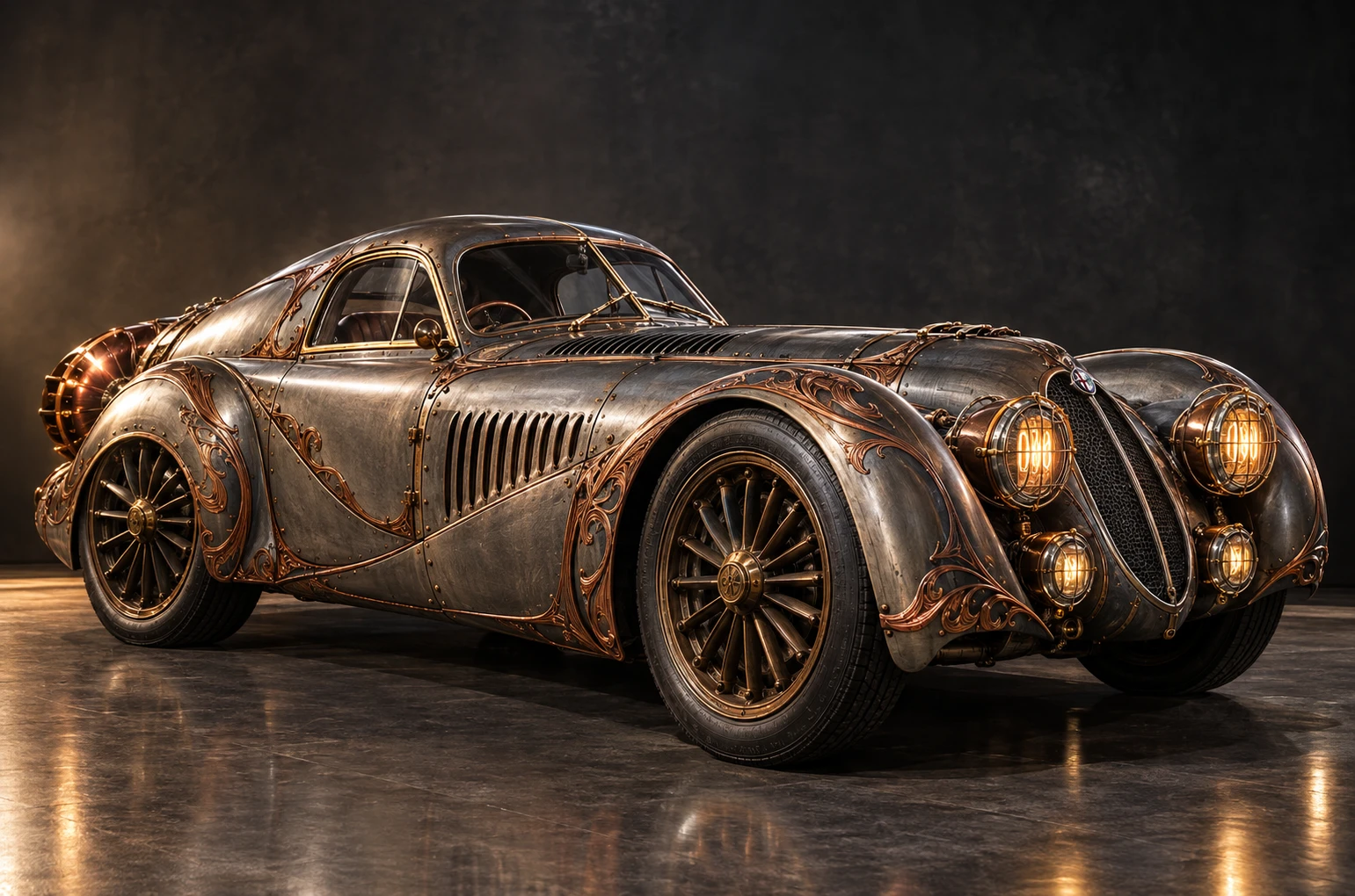 Cupê de corrida steampunk de 1938 com iluminação lateral dramática em estúdio