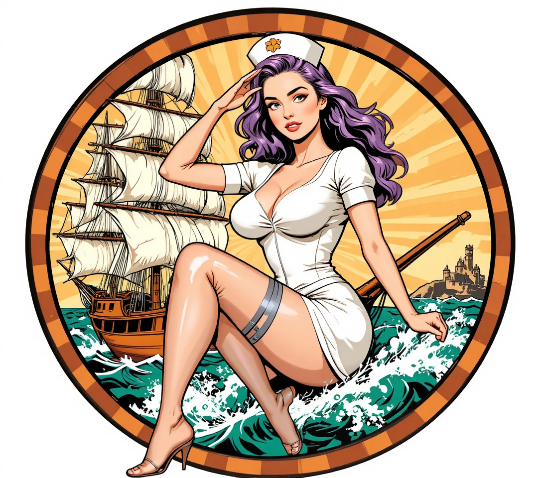 Ilustração em estilo quadrinhos vintage de um grande navio à vela no mar