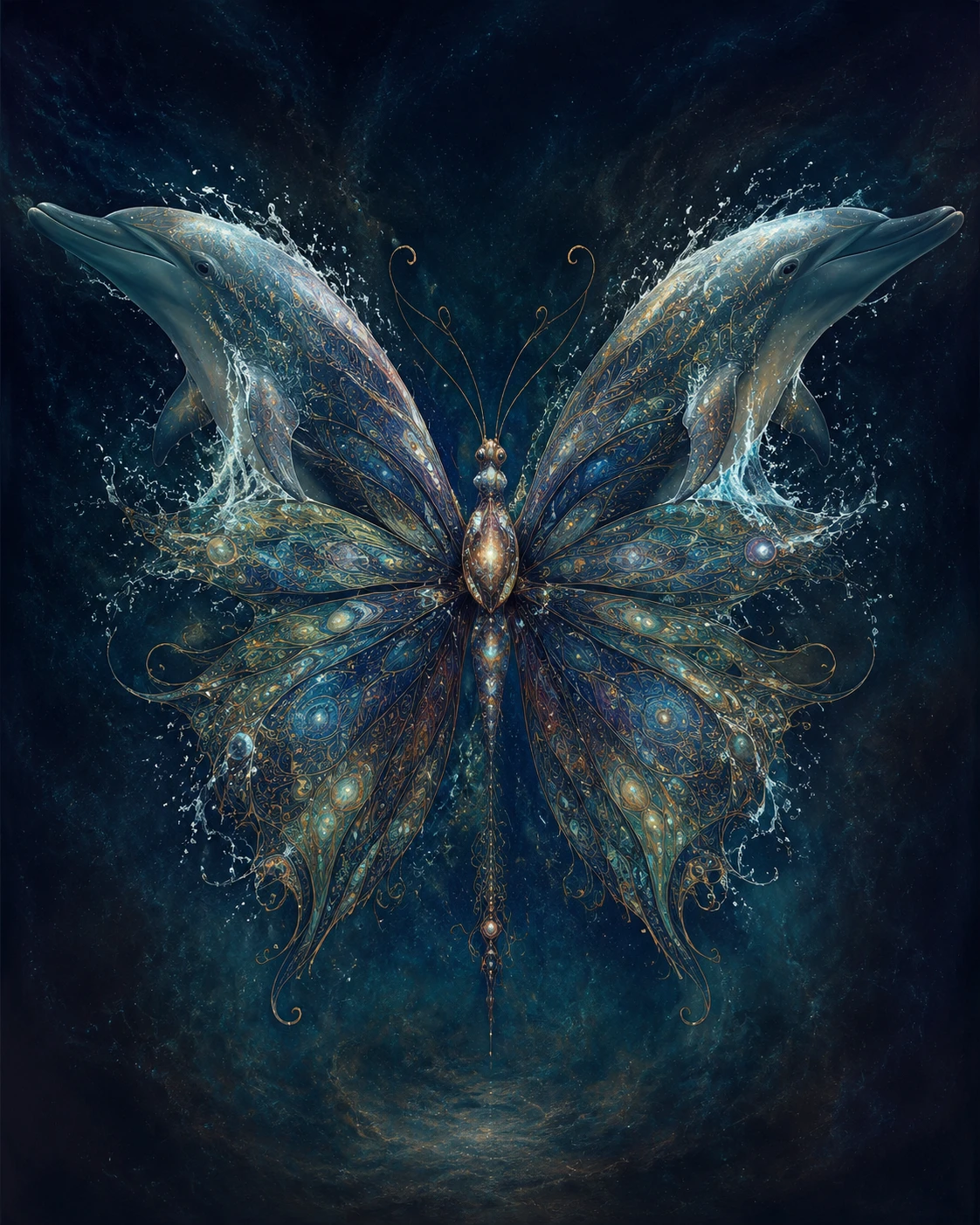 Surreal butterfly with dolphin wings in jewel toned negative space