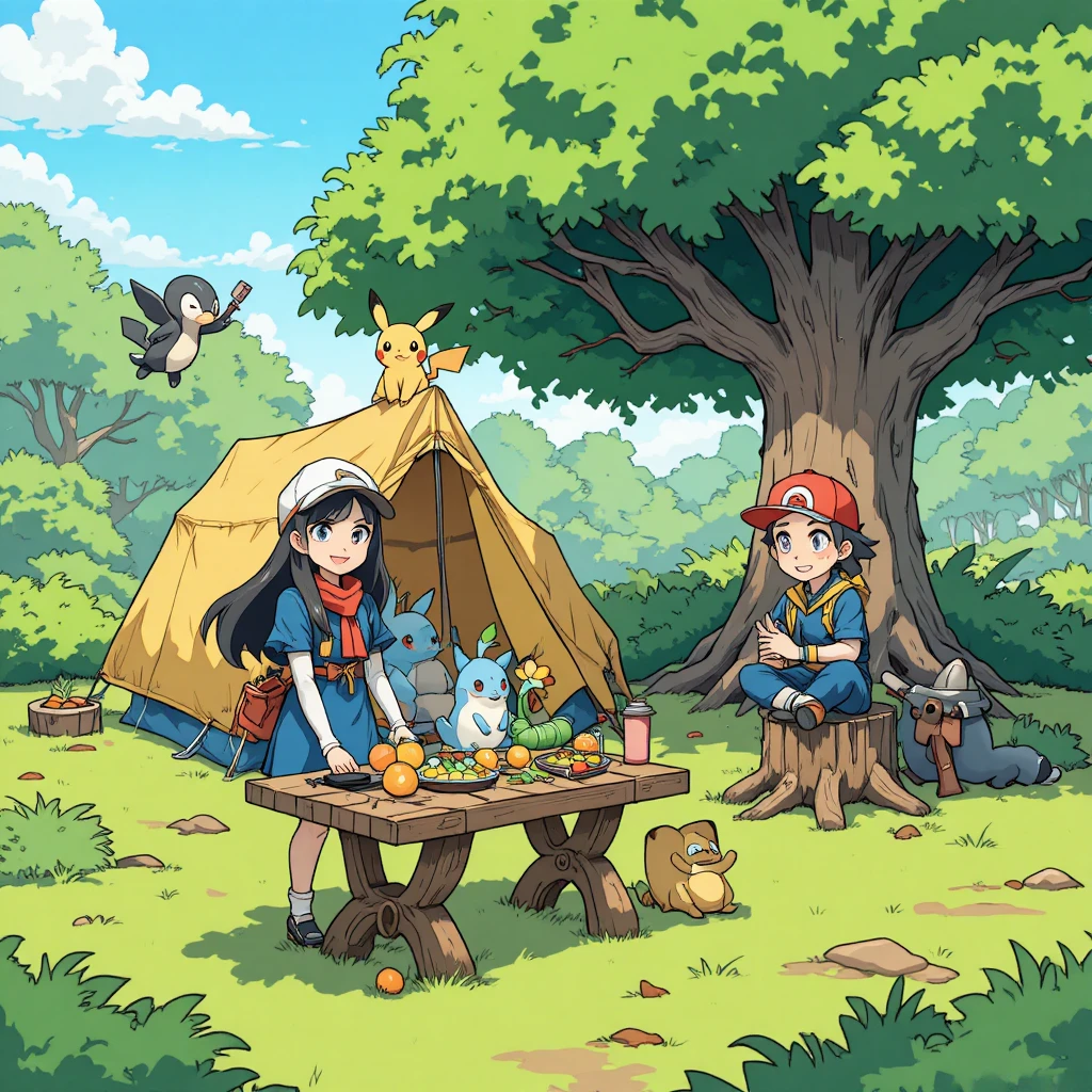 Scena di campeggio in stile anime con allenatori e Pokémon giocherelloni