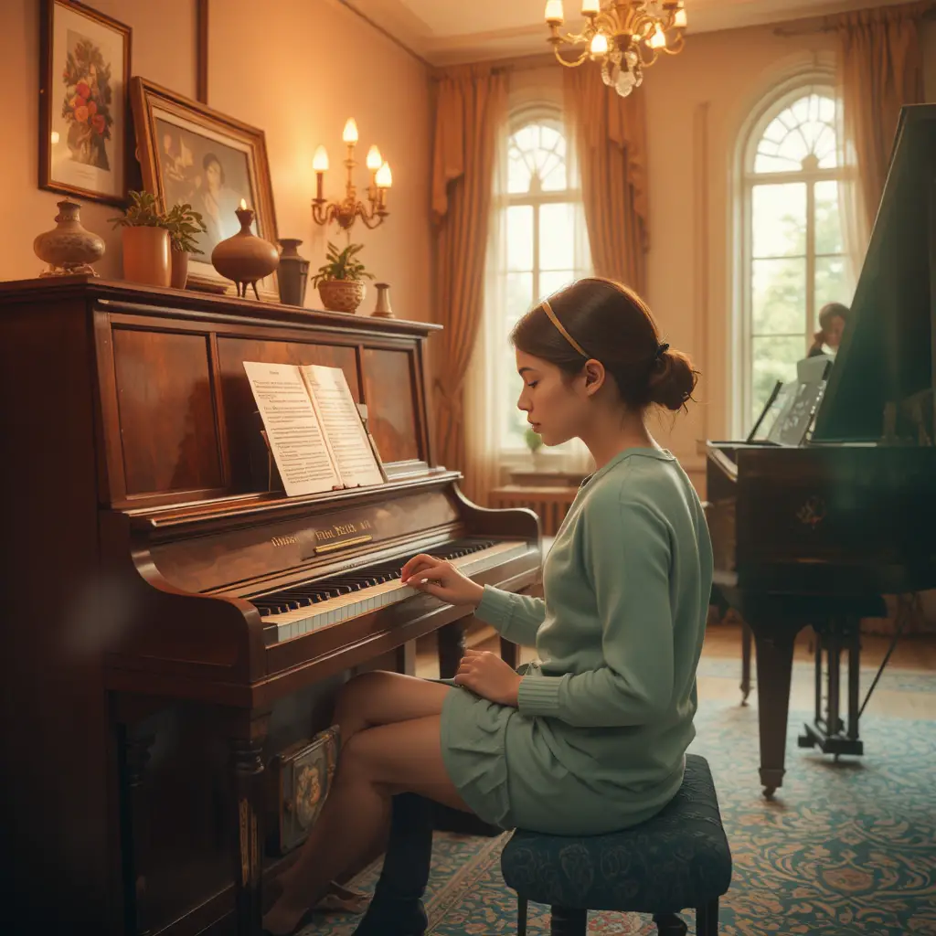 Bambina che impara il tasto F su un piccolo pianoforte verticale