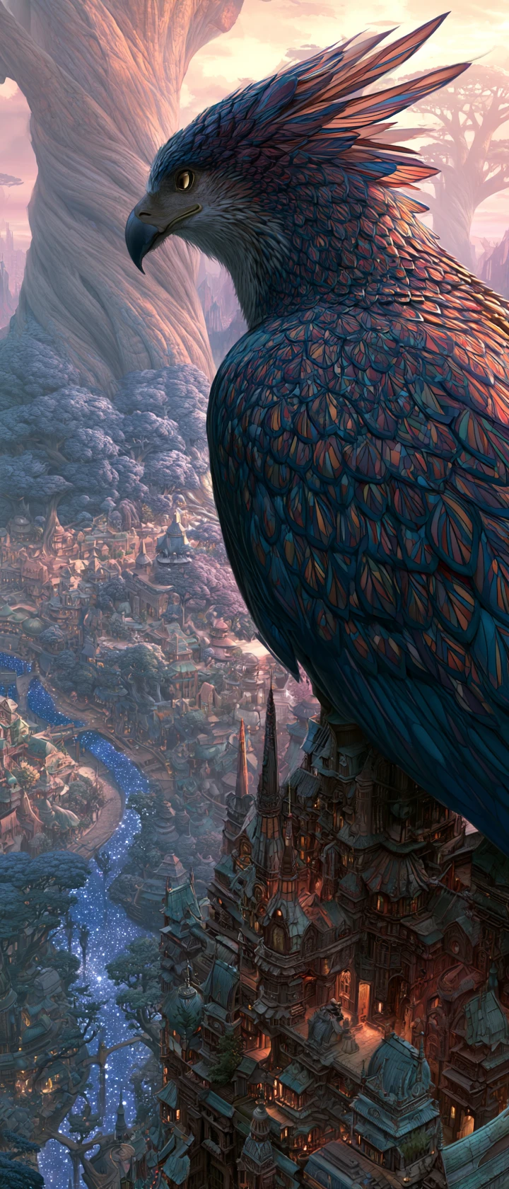 Grifo majestoso em um alto pináculo de cidade-árvore à noite