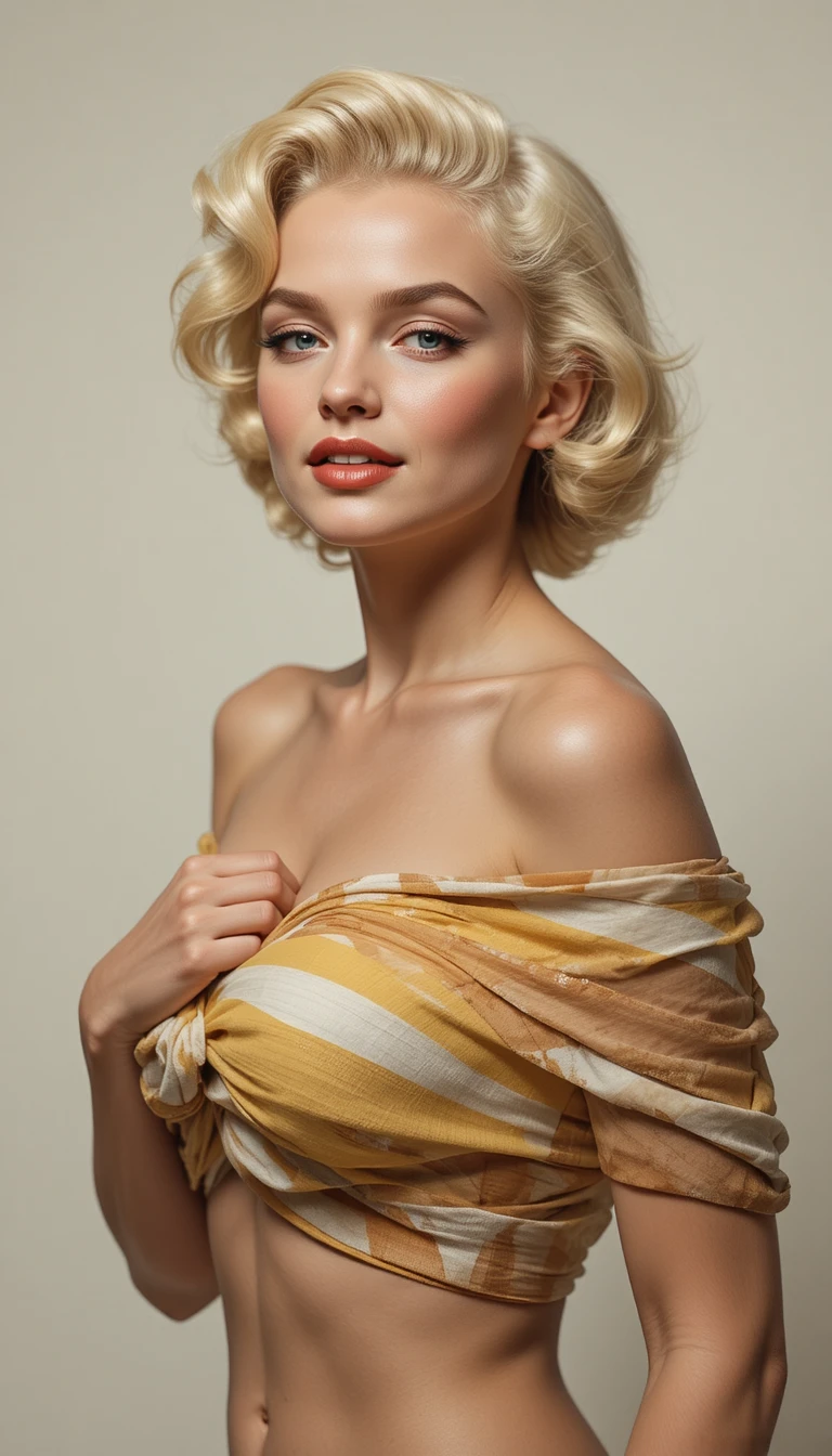Femme blonde souriante avec foulard en soie rayé en studio