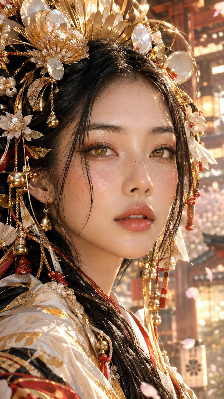 金色華麗髮飾女子的特寫肖像