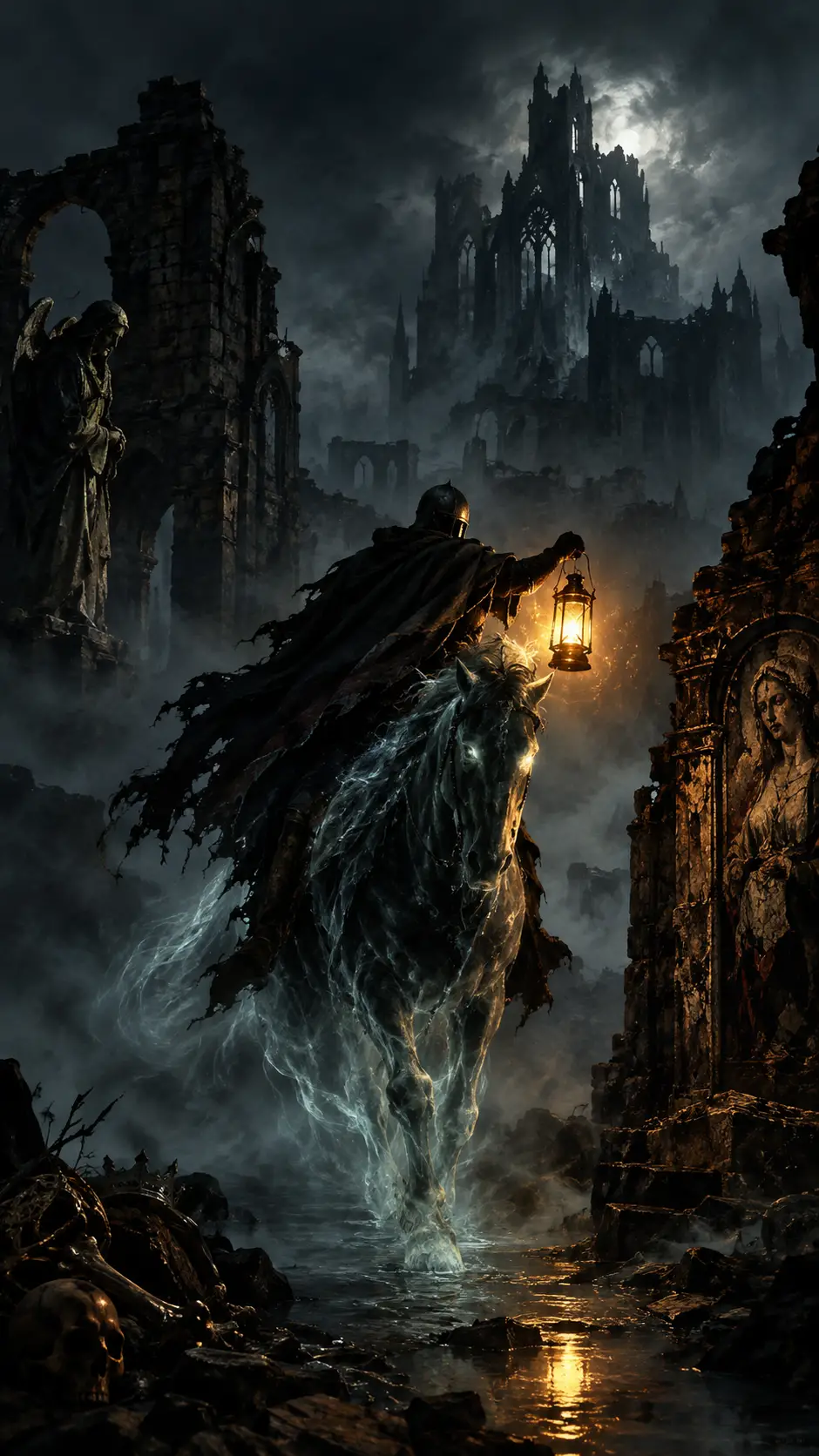 Knight On Spectral Steed In Misty Gothic Ruins