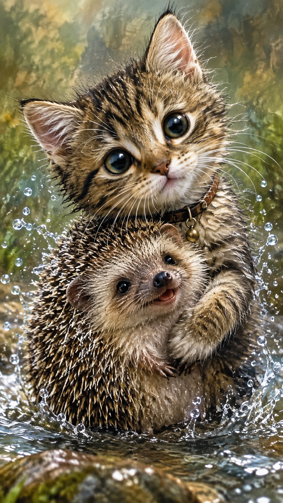 Adorable chaton tigré serrant un hérisson avec des éclaboussures d’eau
