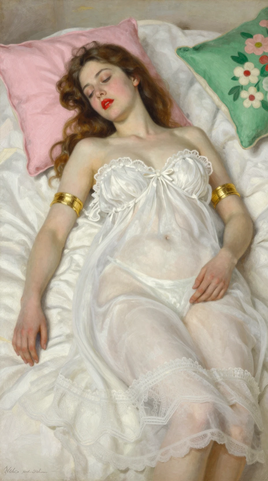 Femme allongée en nuisette blanche sur lit à volants
