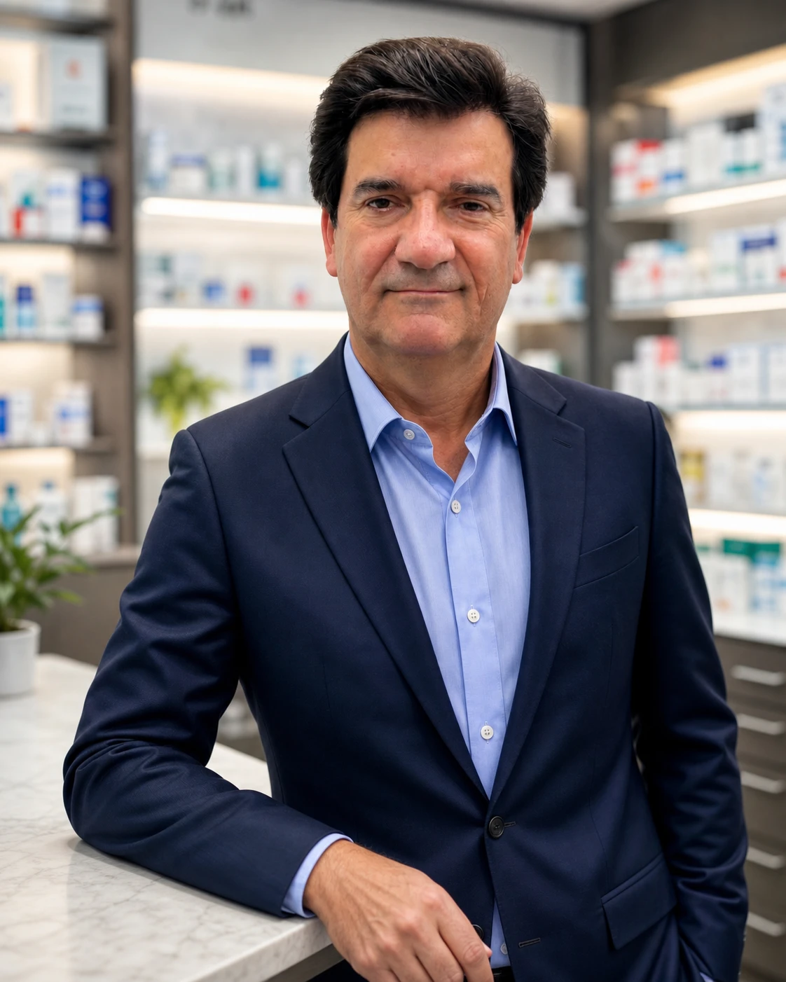 Professionelles Porträt eines Apothekers in einer modernen Luxusapotheke