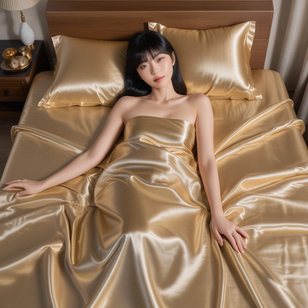 Mulher japonesa deitada em cama king size de cetim champanhe luxuosa
