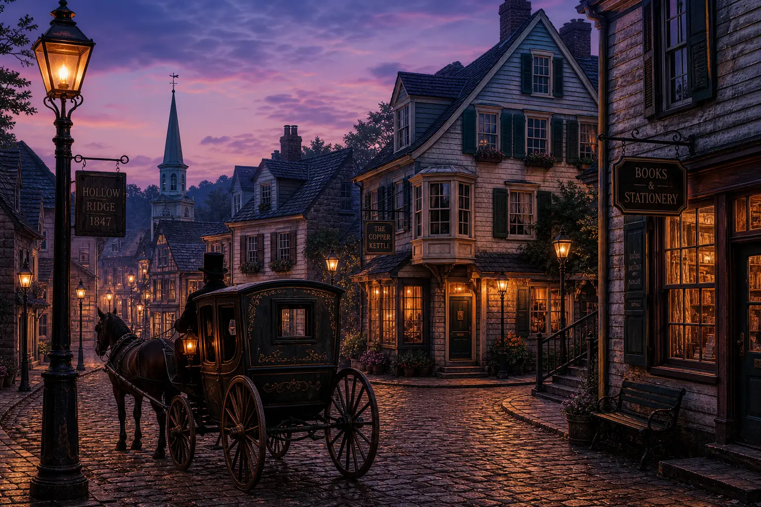 Horse drawn carriage on a cobblestone village street at dusk