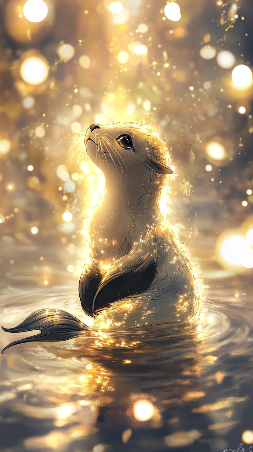 Young seal mermaid in glowing underwater golden light