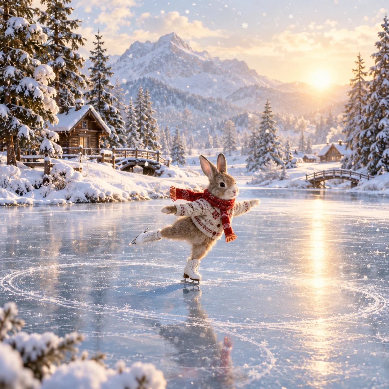 Lapin patinant sur un lac gelé sous la lumière hivernale