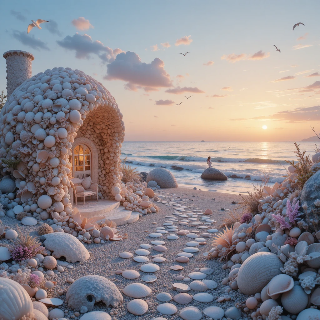 夕陽海邊的夢幻貝殼小屋