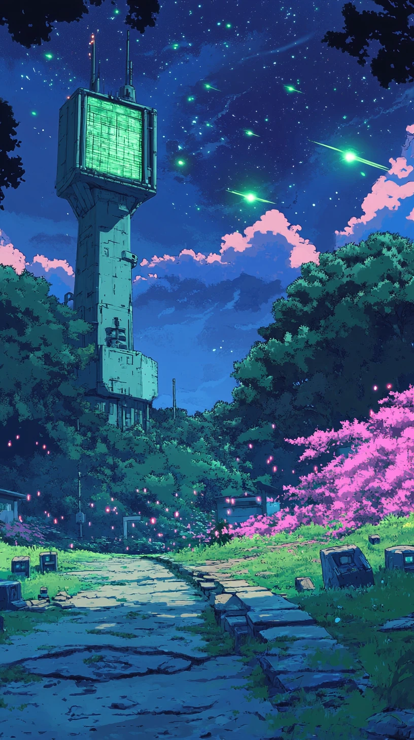Torre em estilo anime erguendo-se sobre árvores rosas tempestuosas à noite